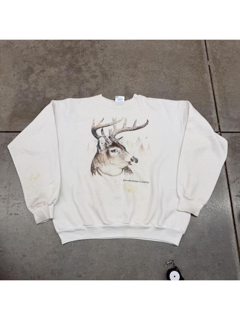 vintage pocahontas county deer animal nature white crewneck large HAS STAINS
